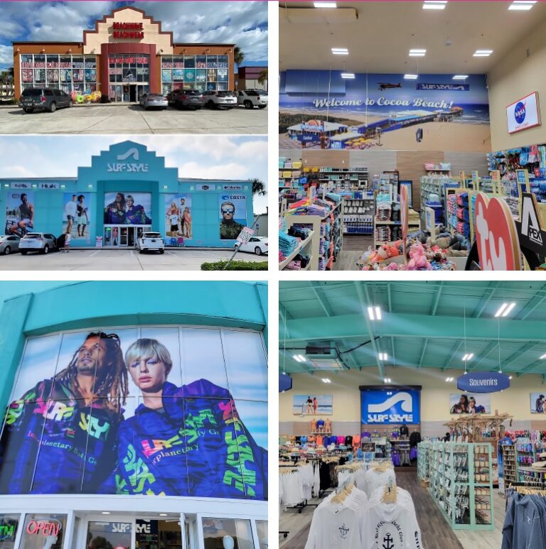 Collage of retail storefront graphics and interior branding projects