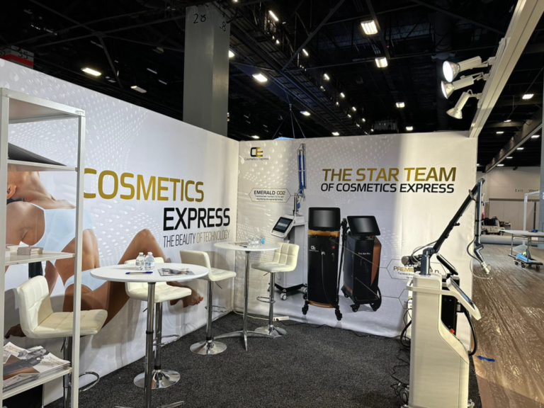 Cosmetics Express trade show booth with printed display graphics