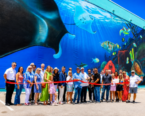 Wyland mural installation at Surf Style featuring large-format ocean-themed wall graphics produced and installed by DNA Marketing & Printing in Clearwater Beach and Gulf Shores
