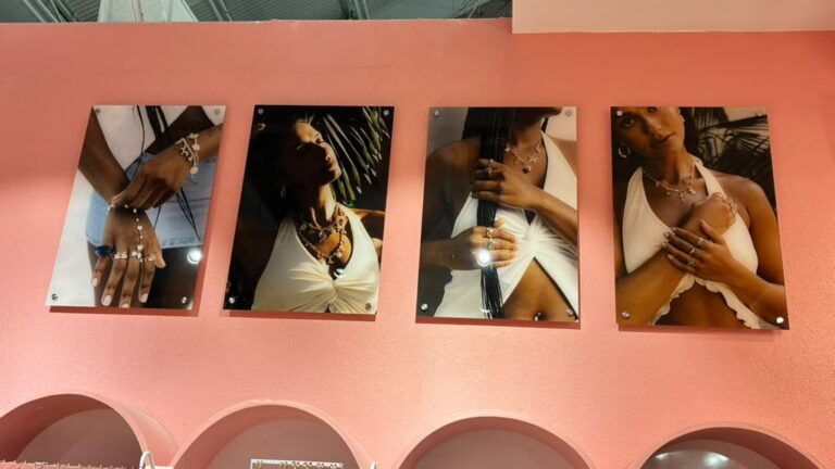 Acrylic pictures mounted on the pink interior wall at Gia Gia, Sawgrass Mills